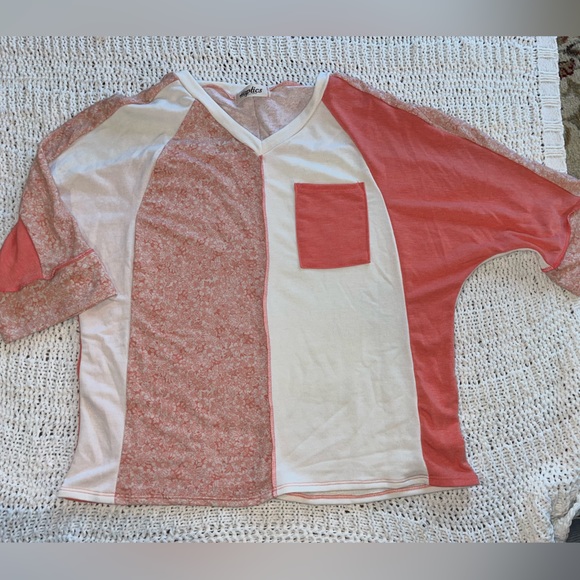 NWOT Haptics Raglan 3/4 sleeve Coral Patchwork shirt/top, size Large - Picture 2 of 7